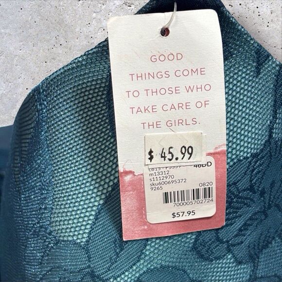 Cacique 46DD Invisible Back Smoother Bra Lace Lightly Lined Balconette Teal NWT - Picture 10 of 12